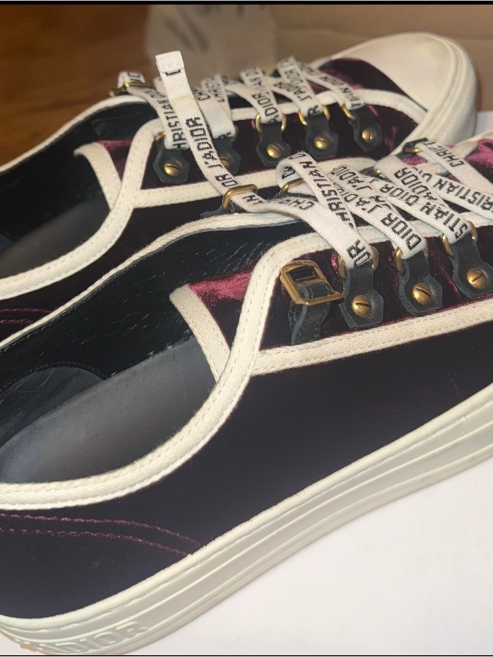 Christian Dior J'Adior Velvet Sneakers in Deep Burgundy & White - Picture 3 of 3